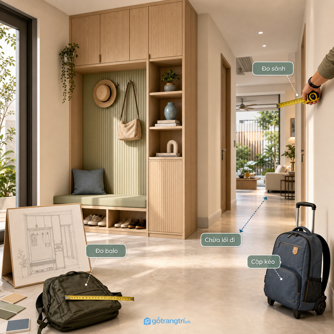 Đo balo, cặp kéo và chiều sâu sảnh trước khi chia khoang