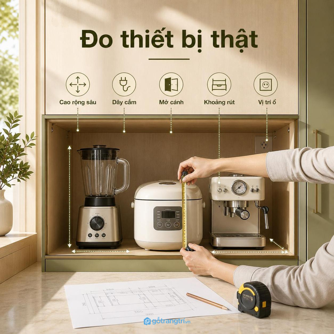 Đo thiết bị, dây cắm và khoảng mở trước khi làm tủ