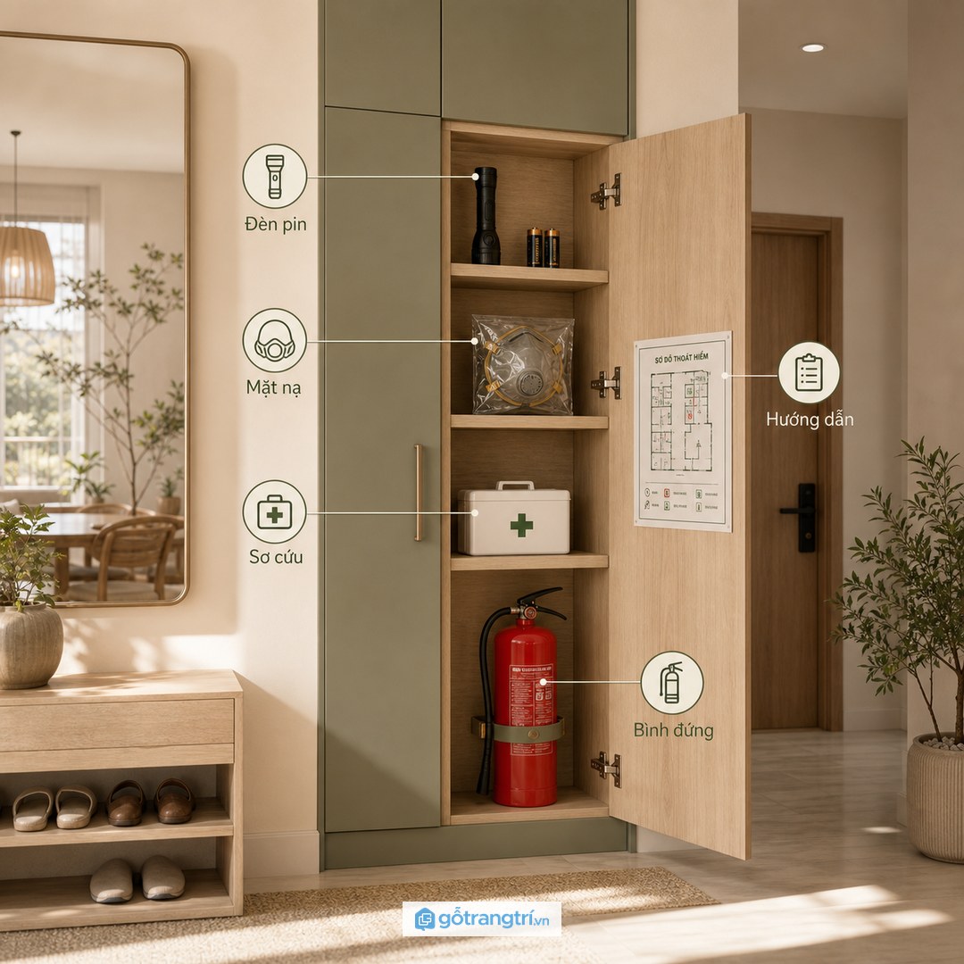 Chia khoang theo bình chữa cháy mặt nạ thoát hiểm đèn pin sơ cứu và hướng dẫn thoát hiểm