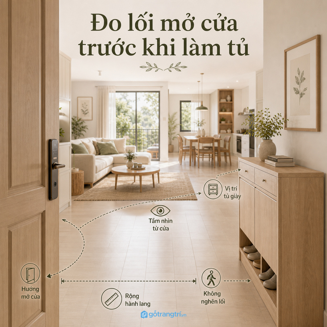 Đo lối mở cửa và chiều rộng hành lang trước khi làm tủ