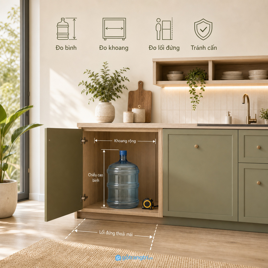 Đo bình nước và khoảng đứng giúp khoang tủ không bị cấn khi thay