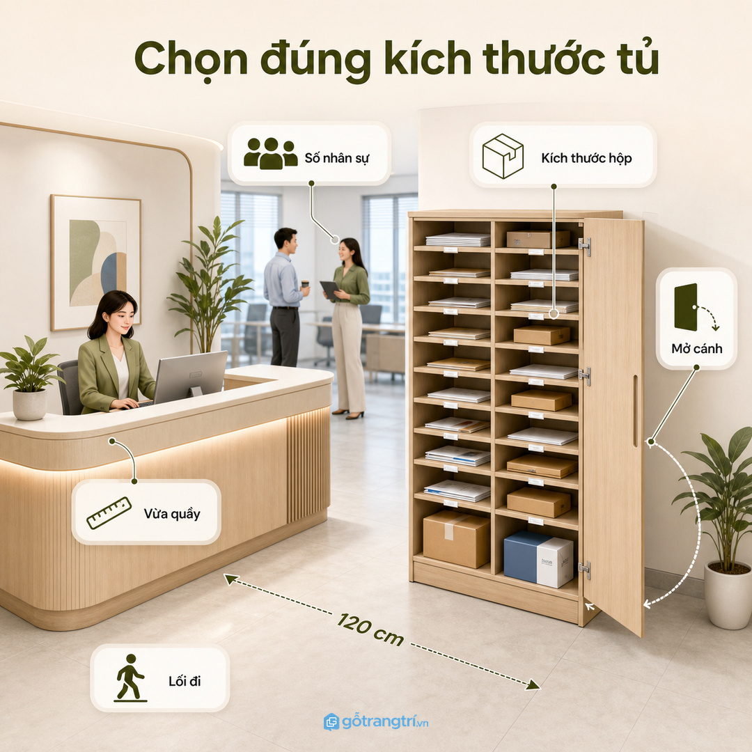 Chọn kích thước tủ bưu phẩm theo lối đi, cửa mở và bưu phẩm thật