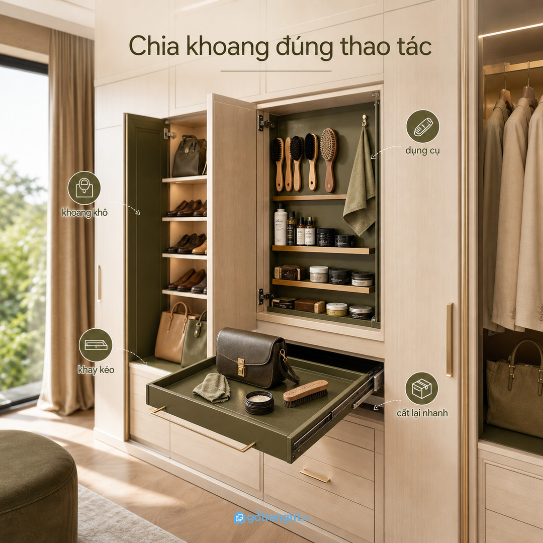 Chia khoang khô khoang dụng cụ và khay thao tác giúp chăm đồ da nhanh hơn
