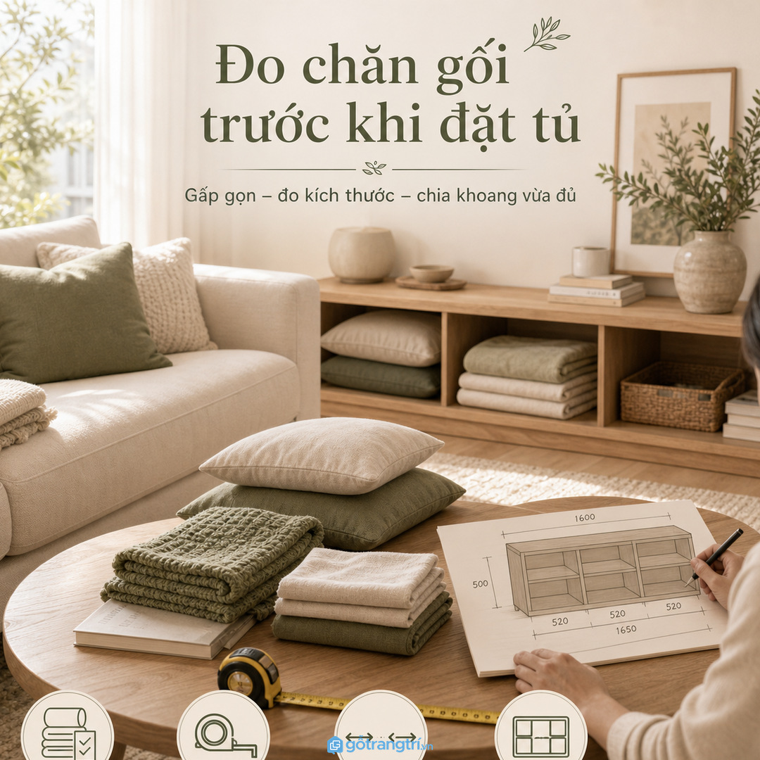 Đo số lượng gối, chăn và vỏ bọc trước khi đặt làm tủ