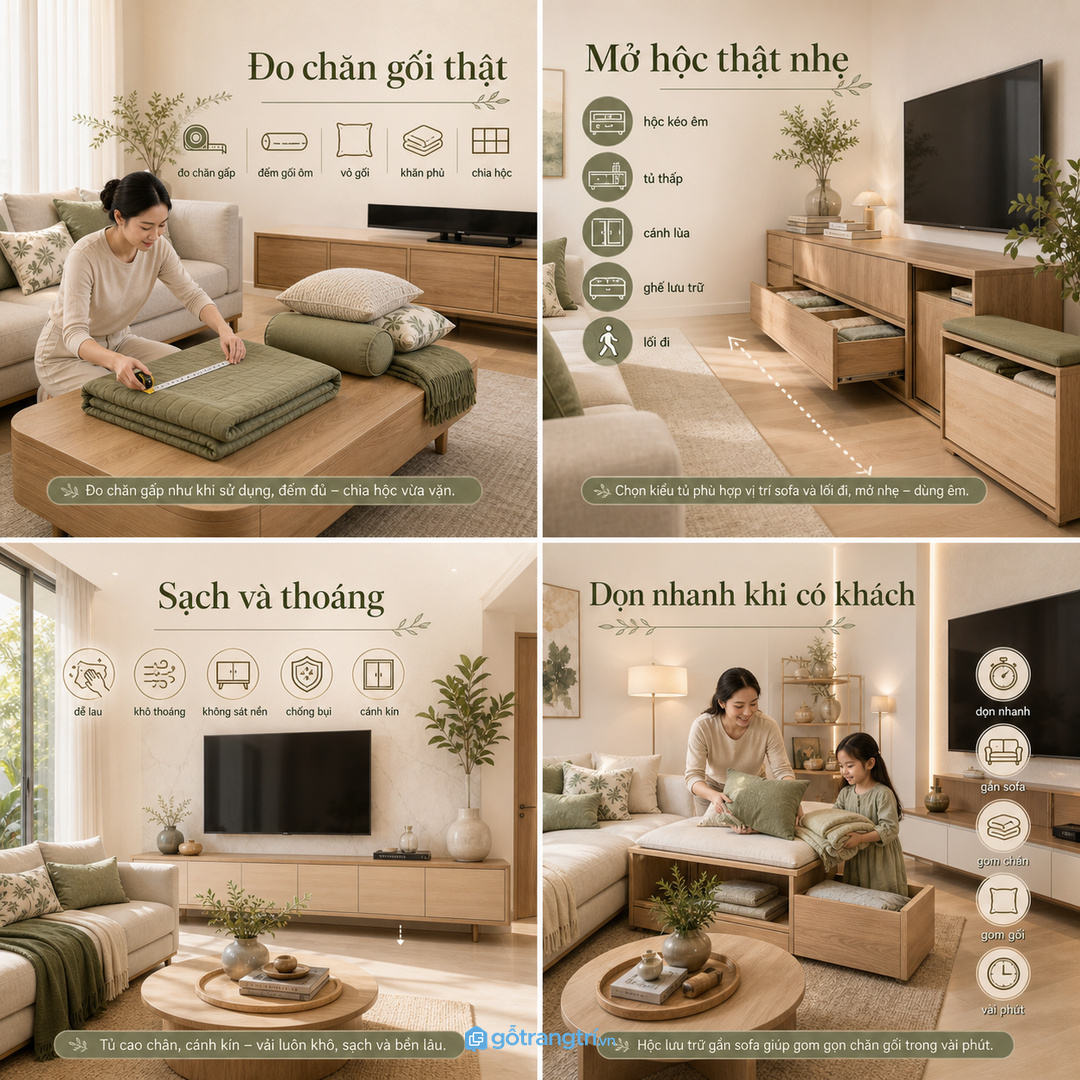 Đo chăn gấp, gối ôm và vỏ gối trước khi chia hộc tủ