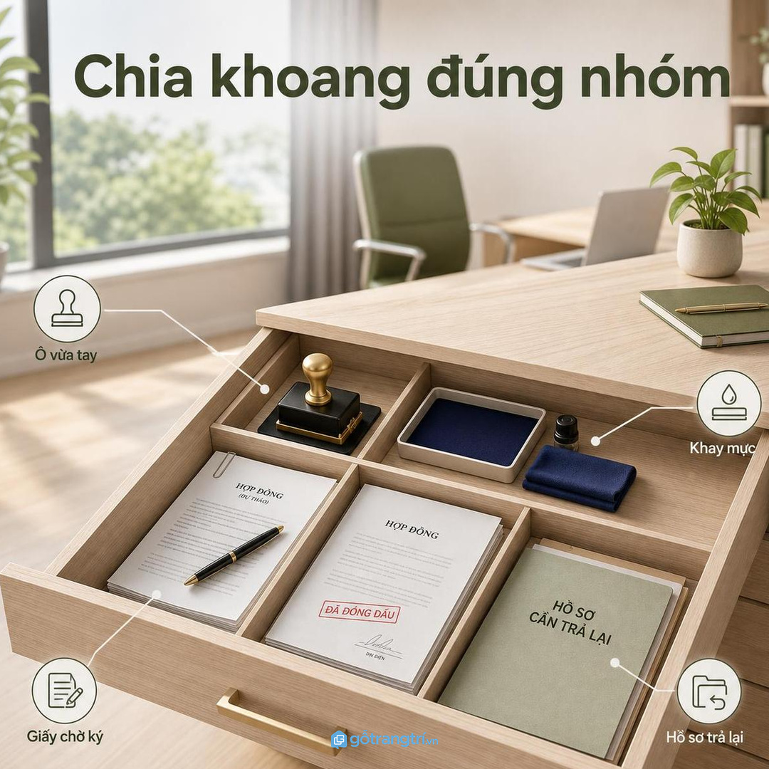 Chia khoang riêng cho con dấu, mực dấu và giấy tờ đang ký