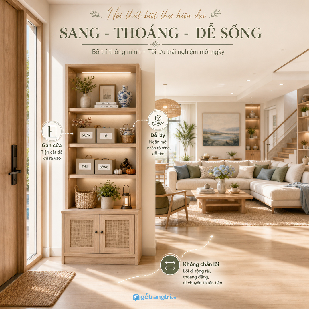 Đo vòng nguyệt quế, khay, vải trải bàn và hộp decor trước khi chia khoang