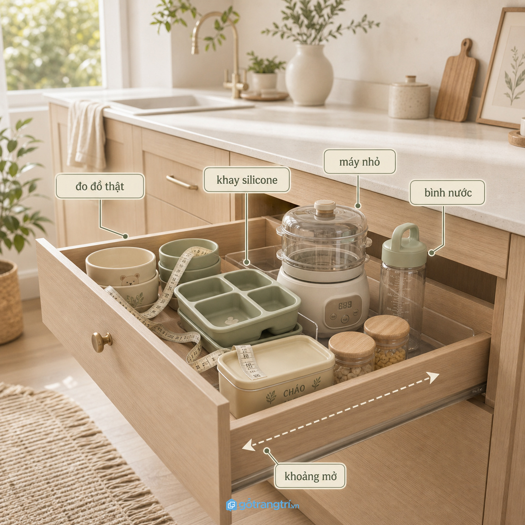 Đo khay ăn hũ cháo bình nước và khoảng mở hộc trước khi chia tủ