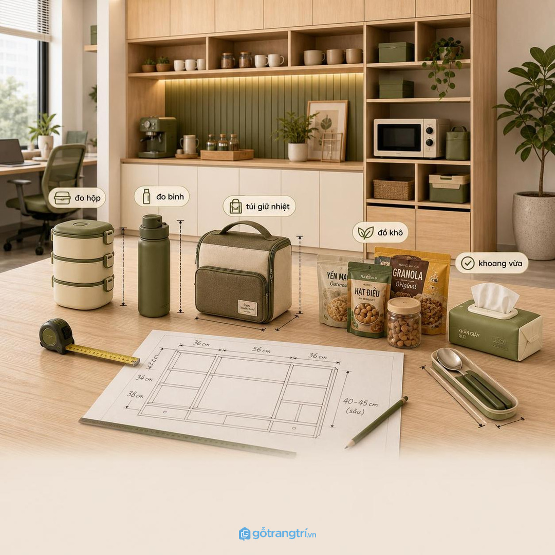 Đo hộp cơm, bình nước và túi giữ nhiệt trước khi chia khoang