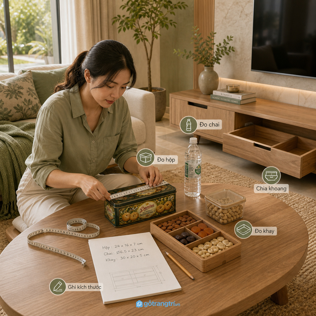 Đo khay hộp snack và chai nước trước khi chia khoang