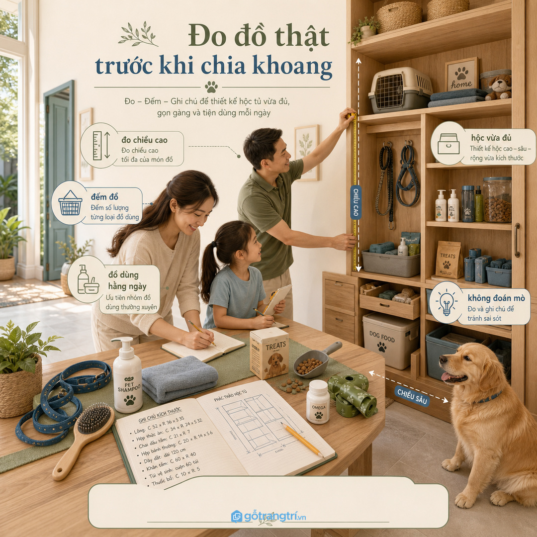 Đo đồ thật trước khi chia khoang giúp vừa chai cao khăn gấp và cây gạt nước