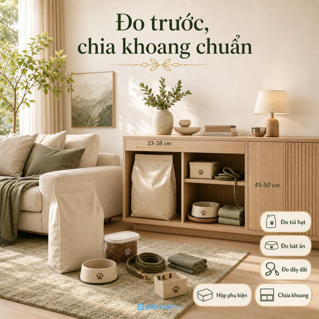 Đo bát ăn, túi hạt, dây dắt và hộp phụ kiện trước khi đặt làm