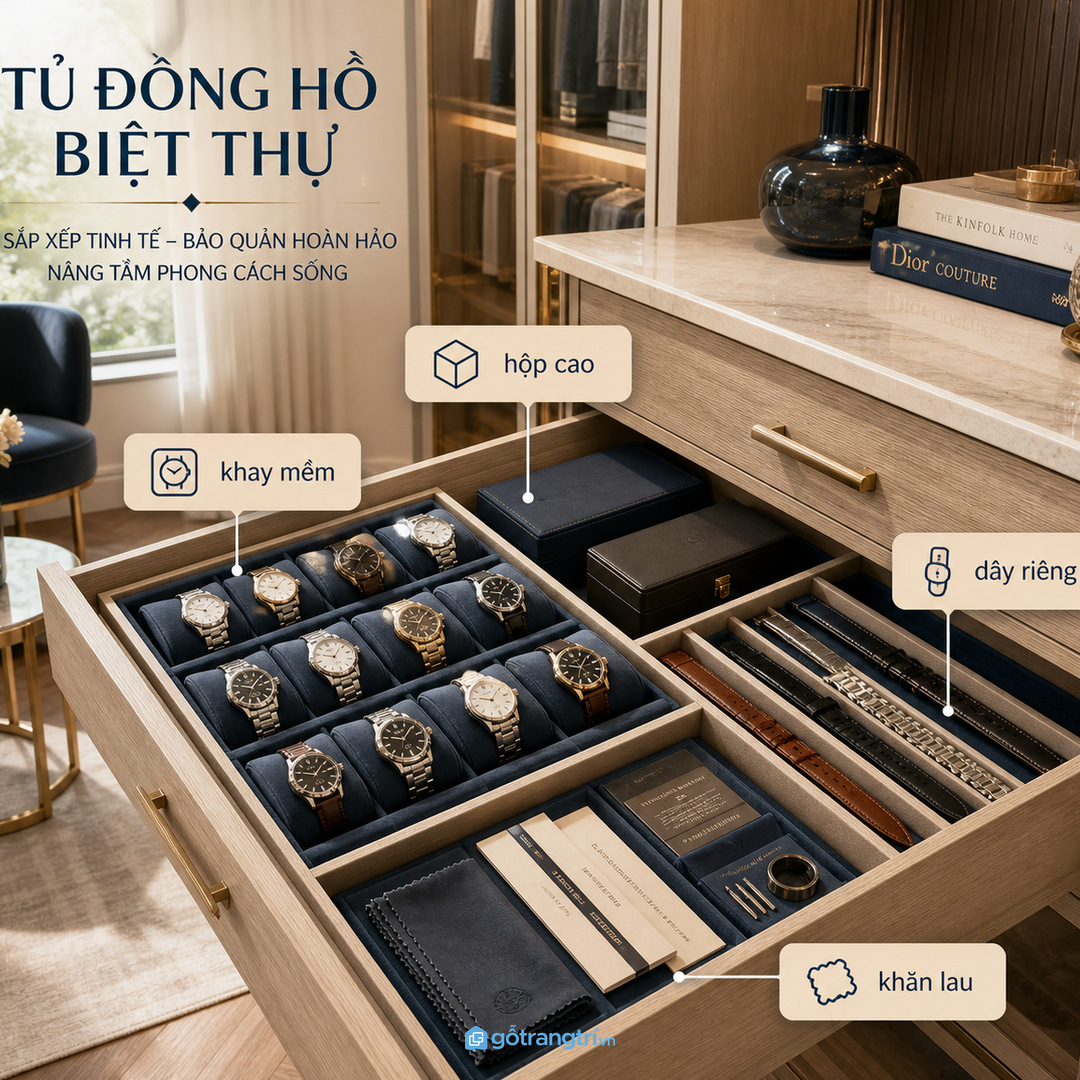 Chia ngăn theo đồng hồ, dây thay và phụ kiện giúp tủ dễ dùng