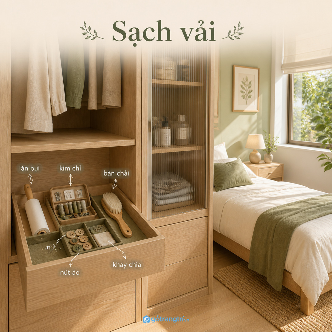 Chia tủ theo thao tác: phủi bụi, vá nhanh, chải vải và cất nút