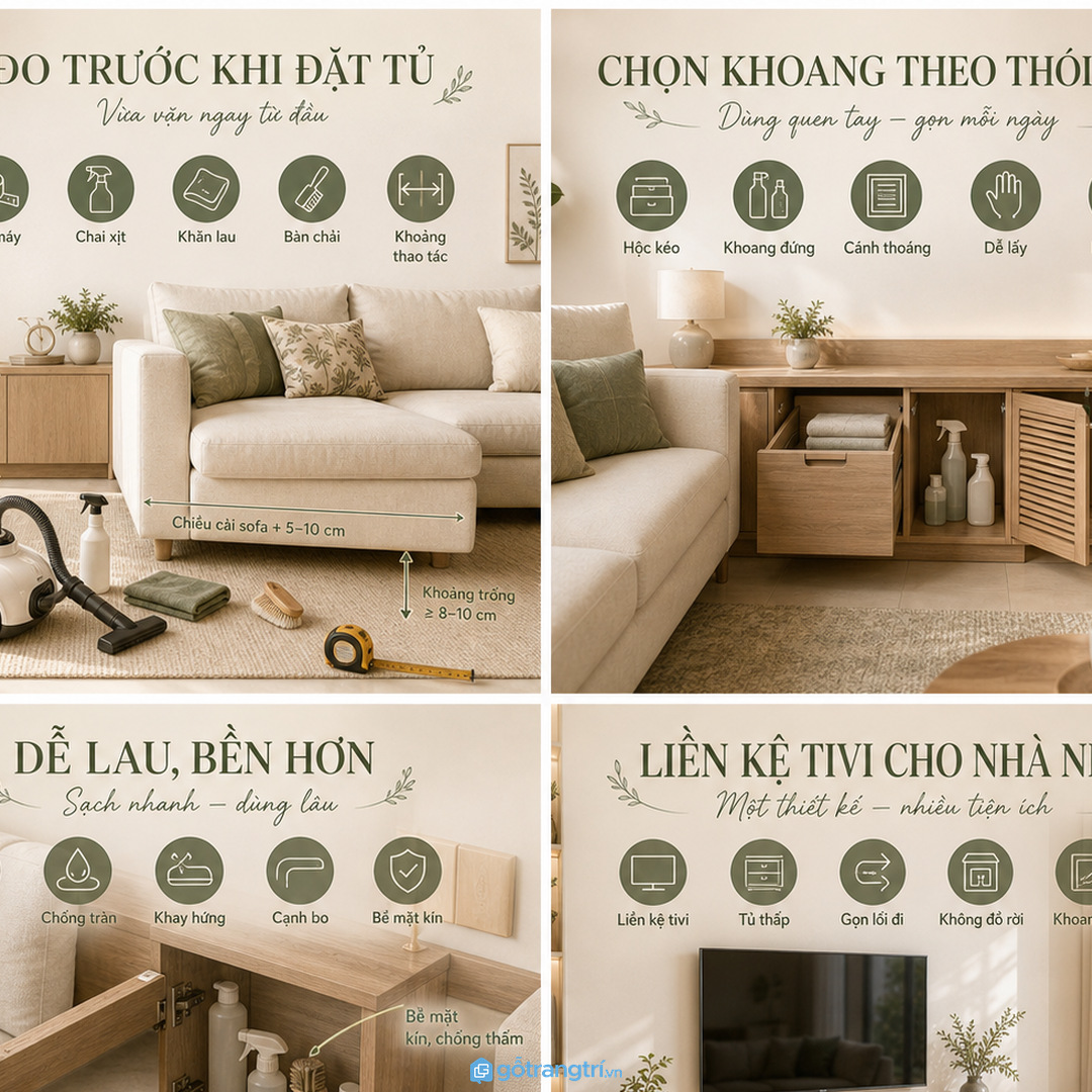 Đo bộ dụng cụ vệ sinh và vị trí chăm sofa trước khi đặt làm