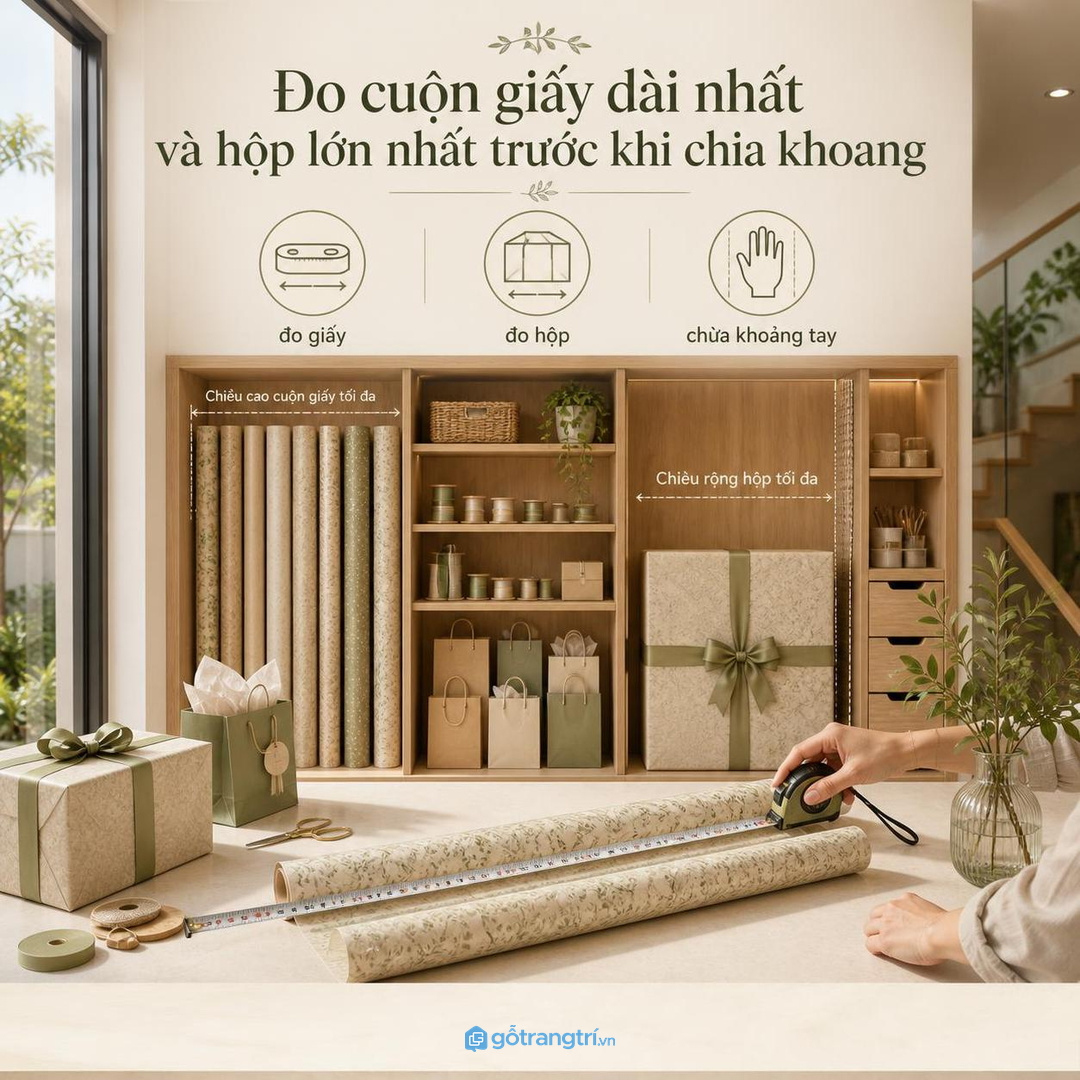 Đo giấy cuộn dài nhất, hộp lớn nhất và chiều sâu tủ trước khi đặt làm