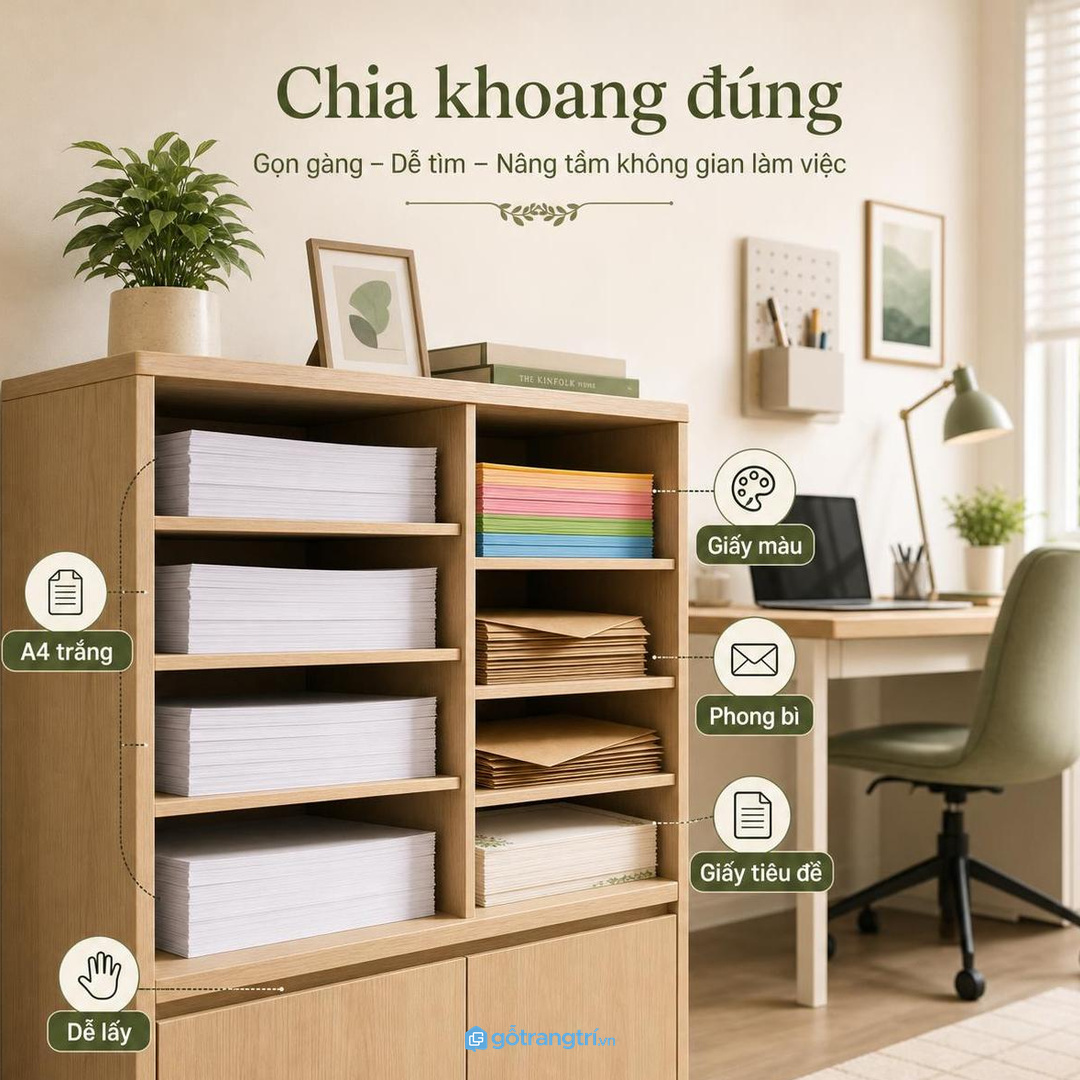Chia khoang theo ram giấy, giấy màu, phong bì và giấy tiêu đề
