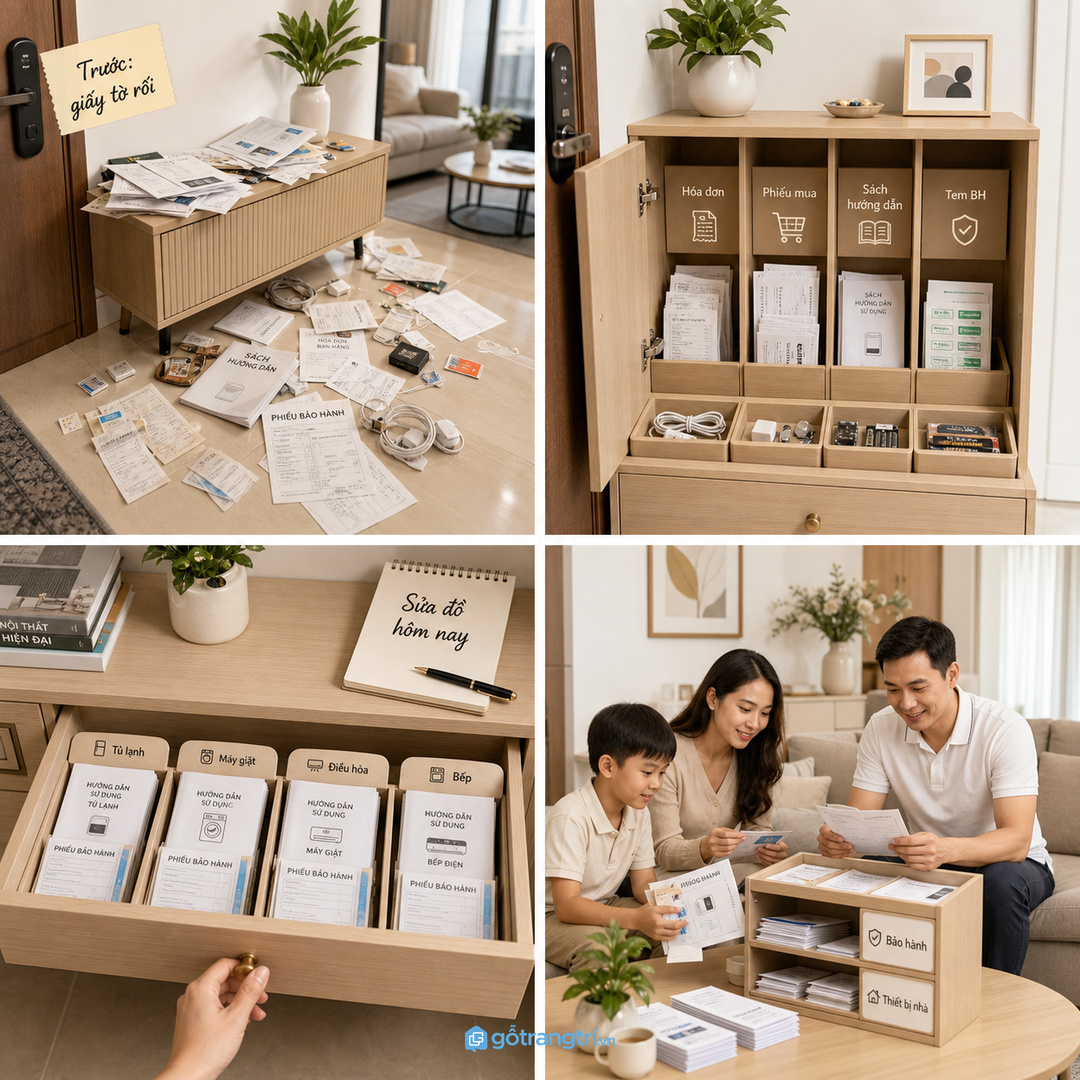 Đo đồ thật trước khi chia khoang giúp tủ vừa hóa đơn, khăn, sách hướng dẫn và hộp đồ ăn