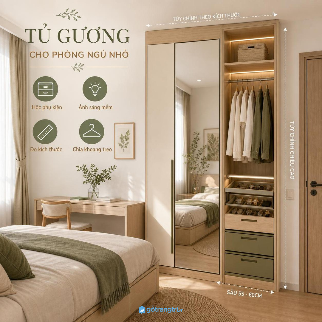 Đo chiều cao người dùng, khoảng lùi và hướng mở trước khi chốt tủ gương