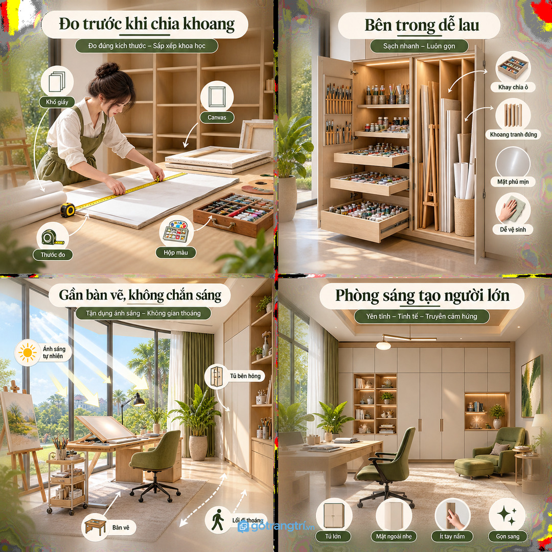 Đo khổ giấy, tranh canvas và hộp màu trước khi chia khoang tủ