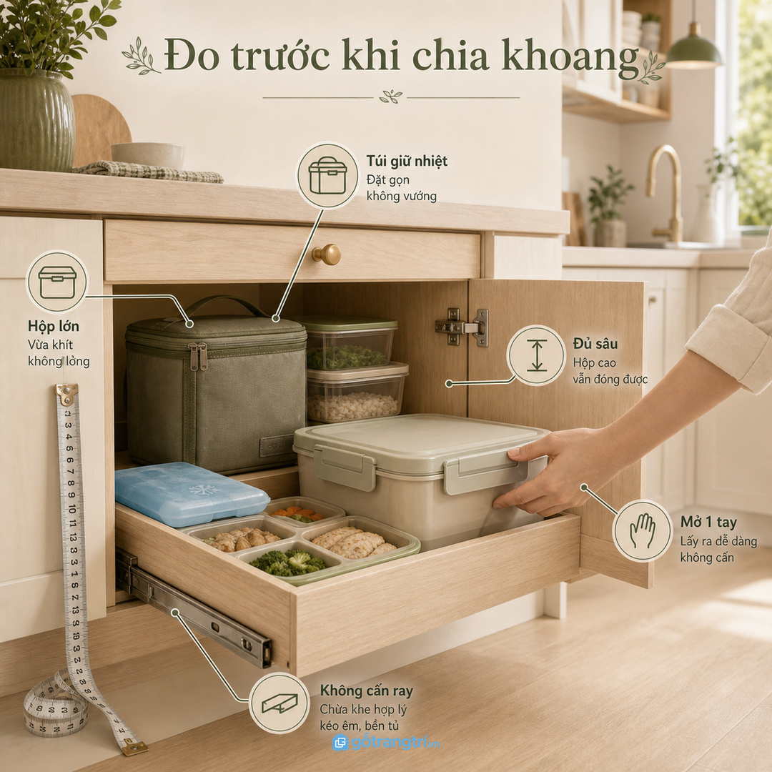Đo hộp lớn nhất túi giữ nhiệt và khoảng mở hộc trước khi chia khoang
