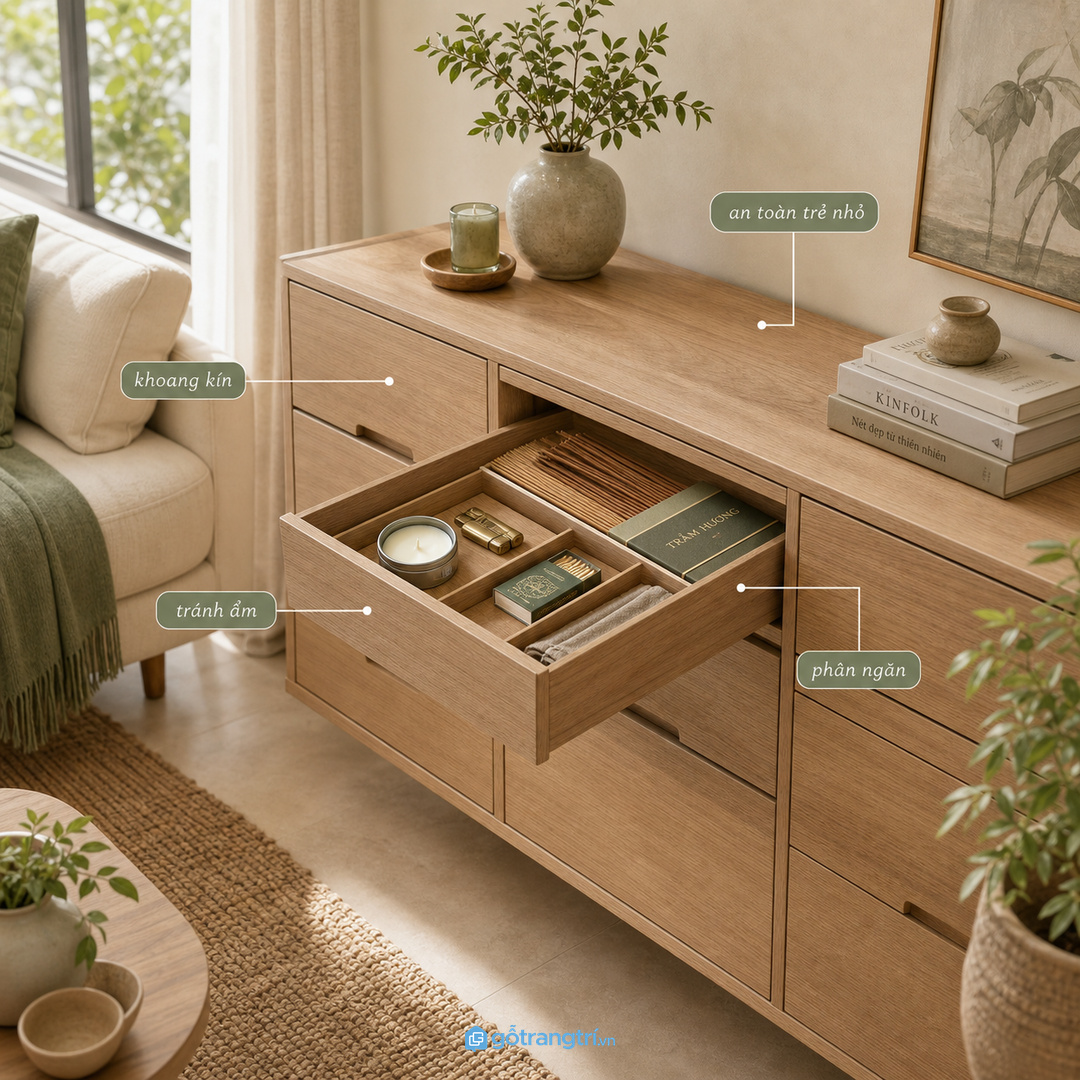 Khoang kín giúp trầm nến và bật lửa được cất đúng chỗ