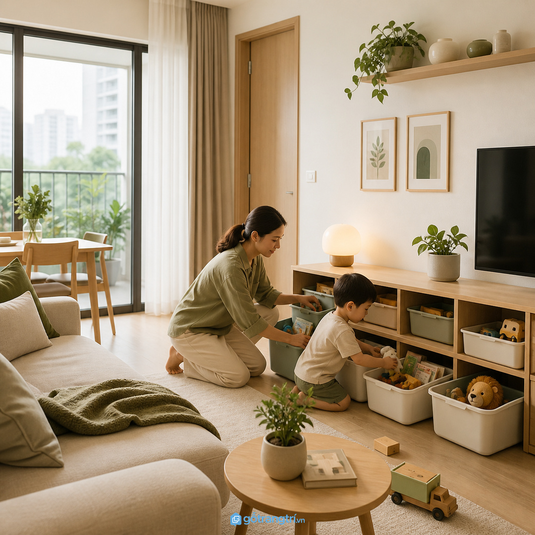 Thói quen dọn sau giờ chơi dễ hình thành hơn khi tủ vừa tầm tay trẻ