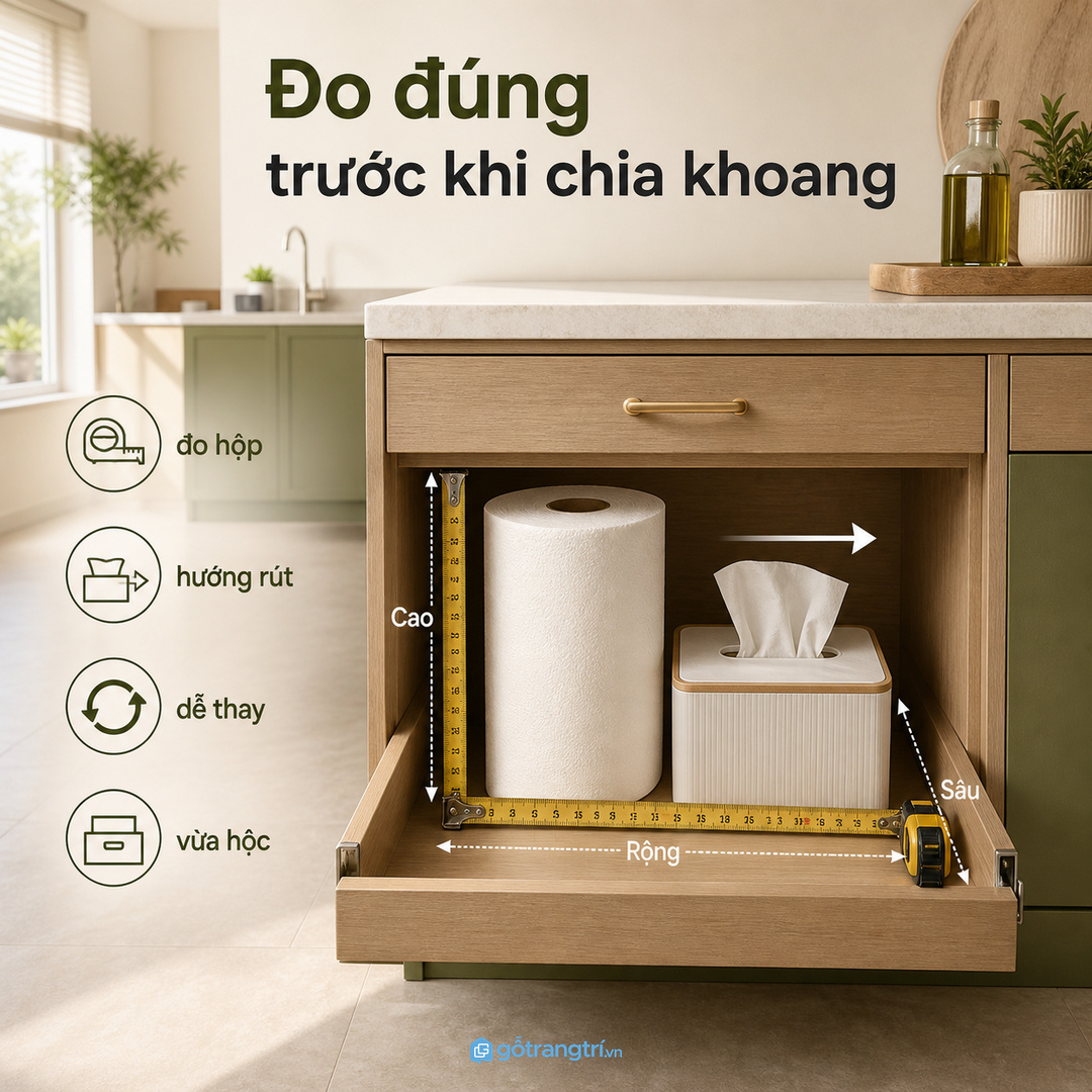 Đo cuộn giấy, hộp giấy và tay với trước khi chia khoang