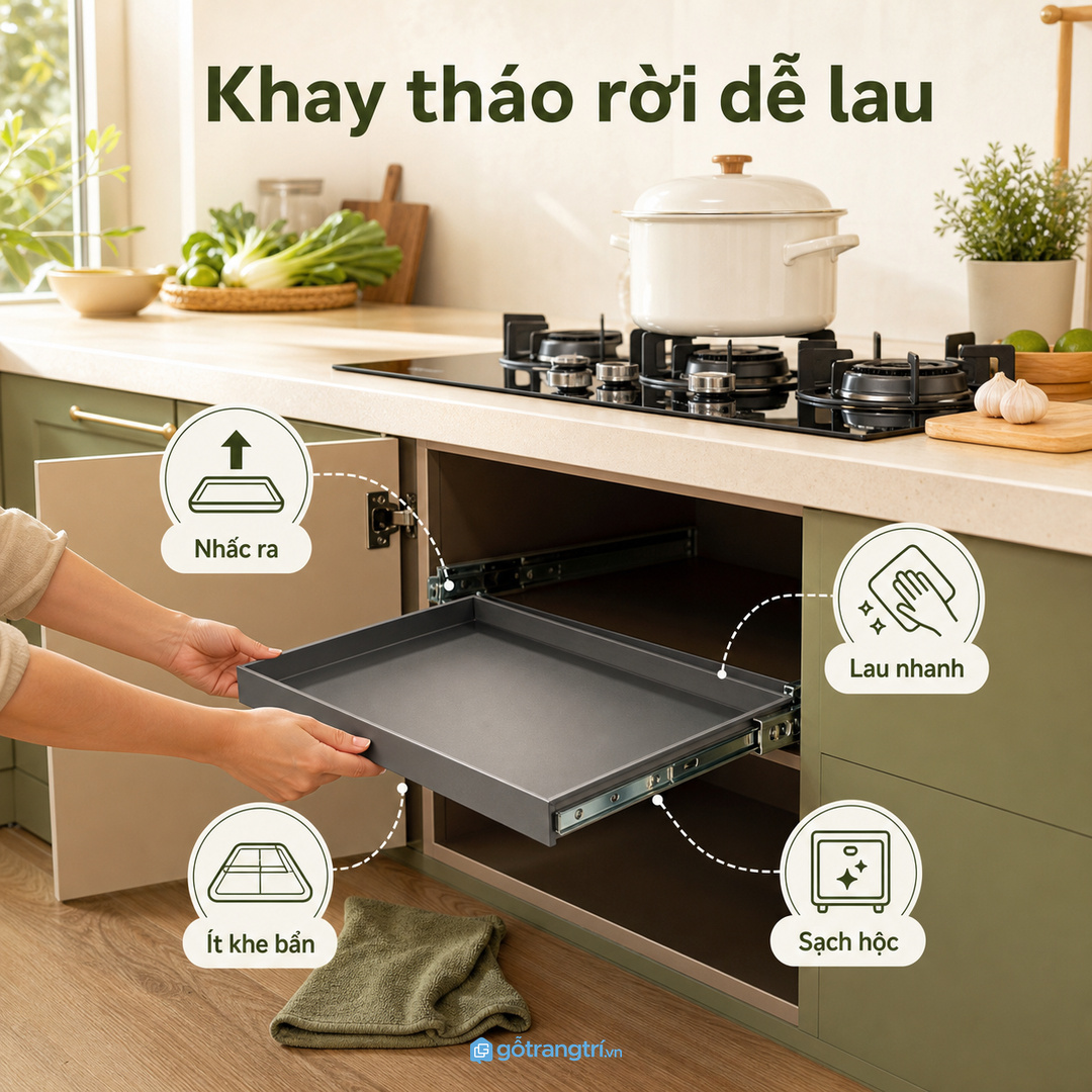 Khay tháo rời giúp lau nhanh sau mỗi lần nấu nhiều dầu