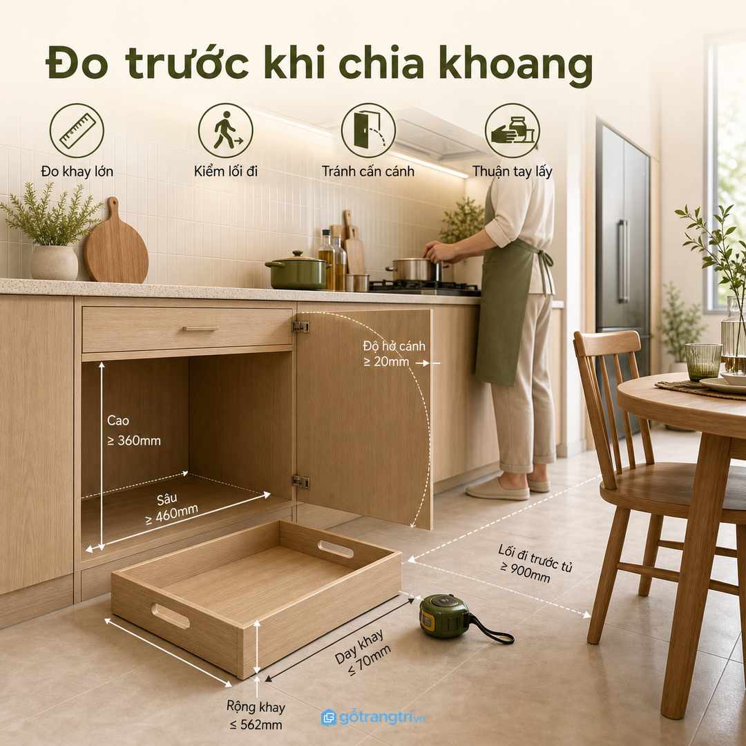 Đo khay lớn nhất, lối đi và khoảng mở cánh trước khi chia khoang