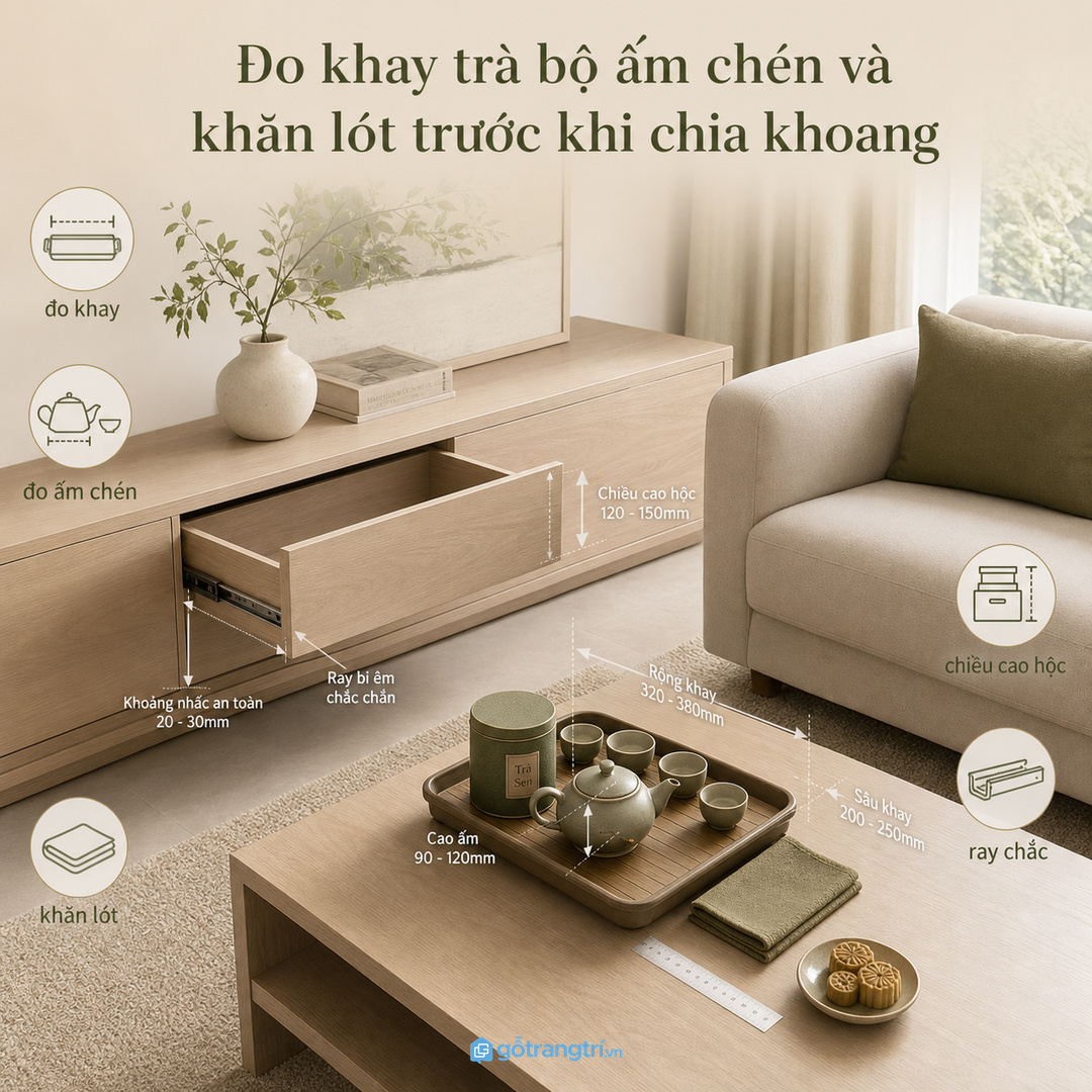 Đo khay trà bộ ấm chén và khăn lót trước khi chia khoang