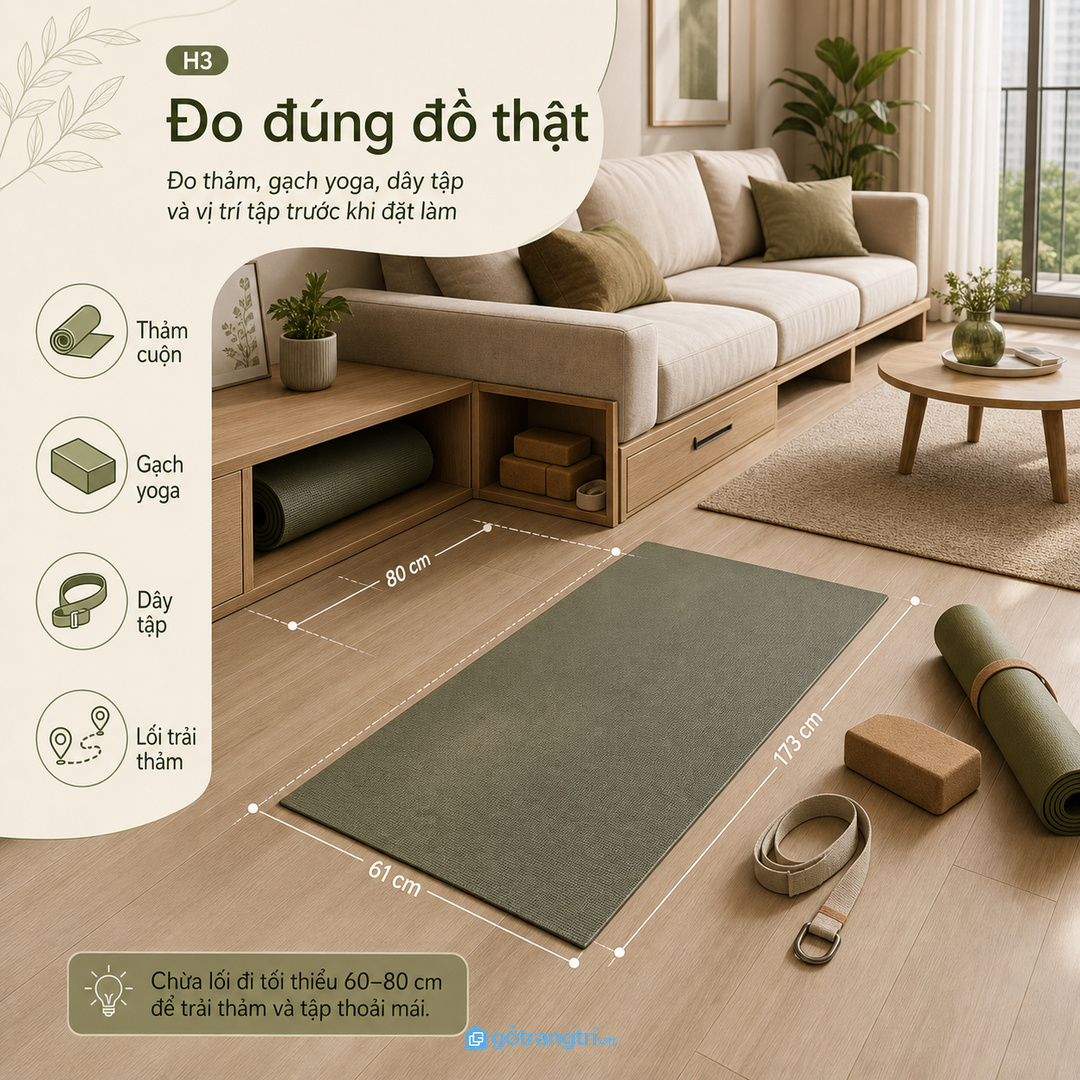 Đo thảm gạch yoga dây tập và vị trí trải thảm trước khi đặt làm