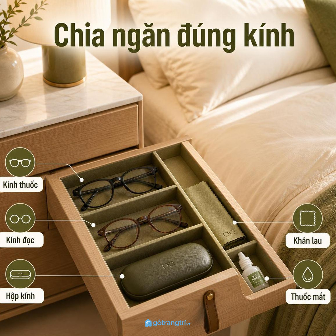 Chia ngăn cho kính thuốc, kính đọc sách, hộp kính và khăn lau
