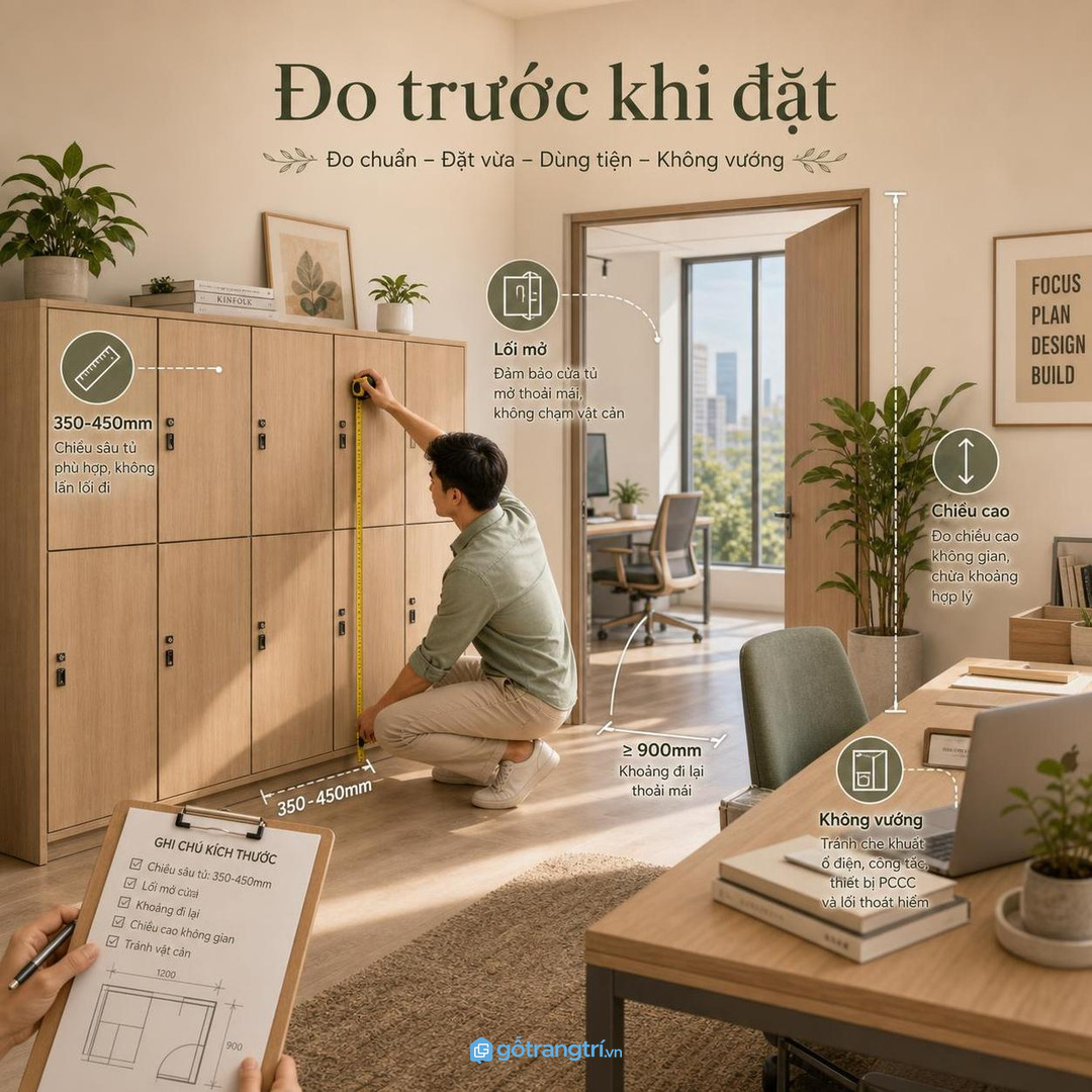 Đo chiều sâu, chiều cao và lối mở trước khi đặt làm tủ locker cá nhân