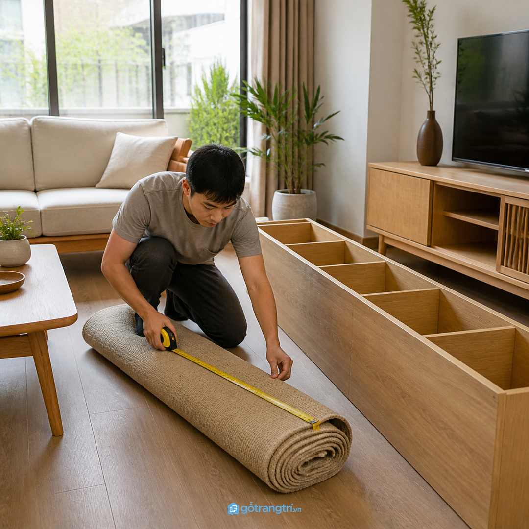 Đo thảm sau khi cuộn và kiểm chiều dài trước khi chia khoang