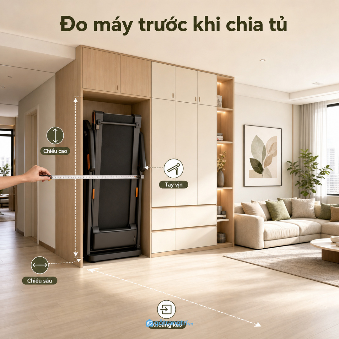 Đo máy ở trạng thái gấp, chiều cao tay vịn và khoảng xoay trước khi chia tủ