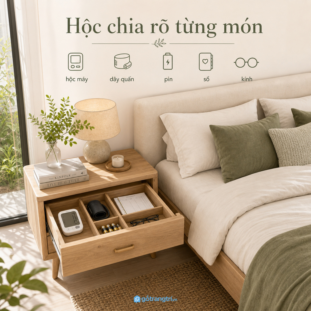 Hộc chia rõ từng món giúp máy đo dây quấn pin và sổ luôn đúng chỗ