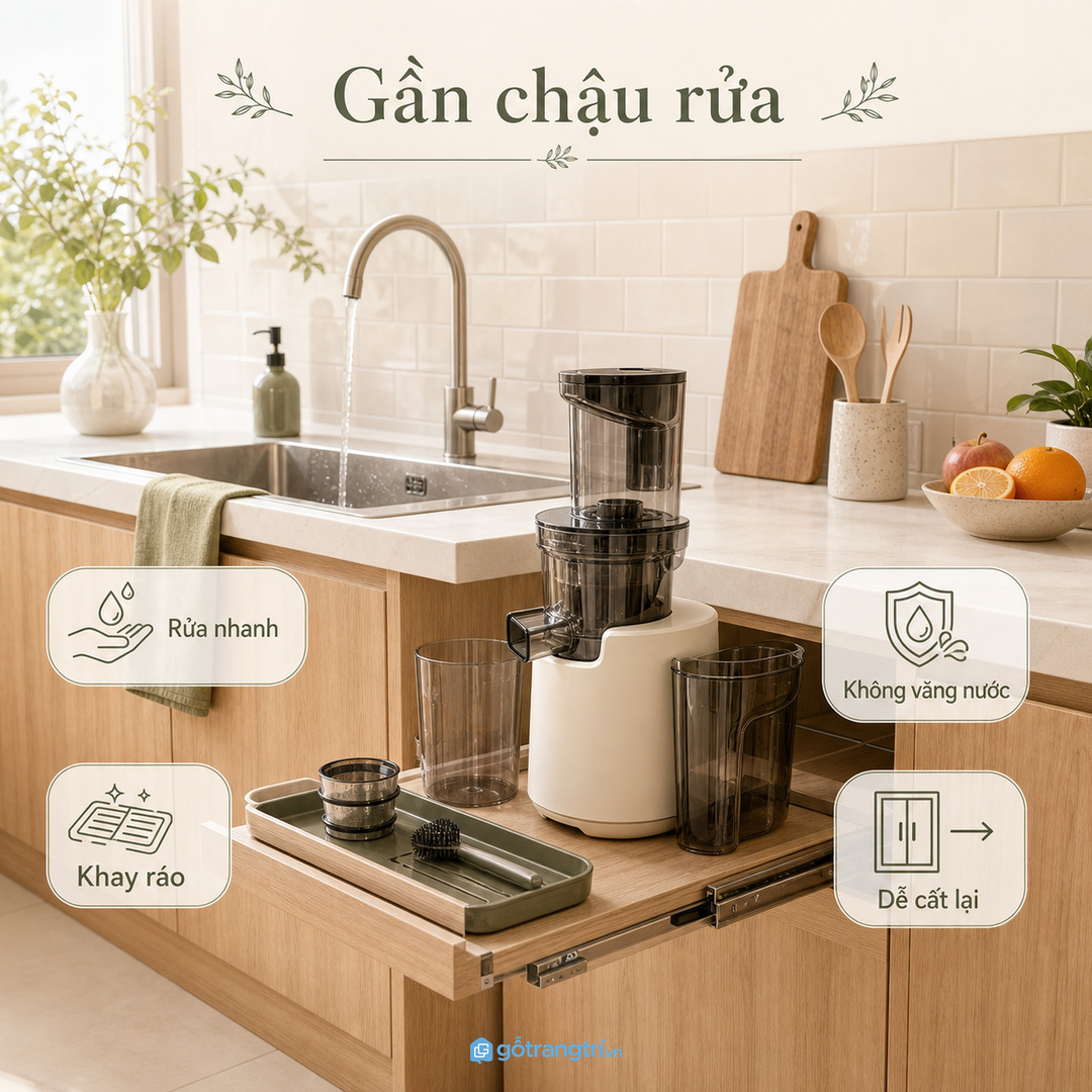 Đặt gần khu rửa giúp vệ sinh máy ép chậm nhanh và đỡ ngại hơn