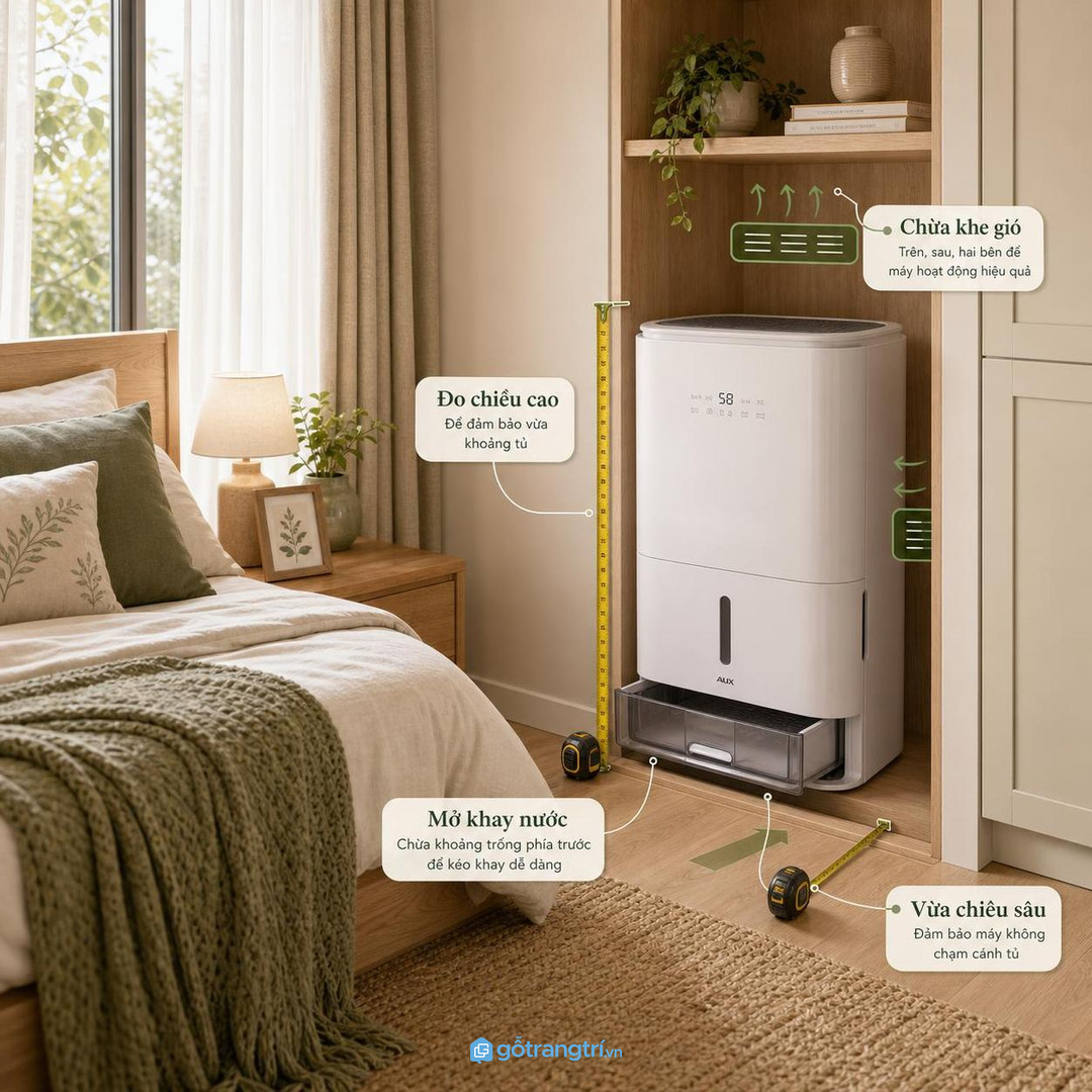 Đo kích thước máy, khay nước và hướng gió trước khi chia khoang tủ