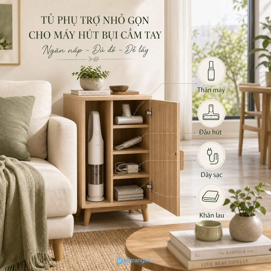 Chia khoang theo thân máy đầu hút dây sạc và khăn lau để lấy nhanh