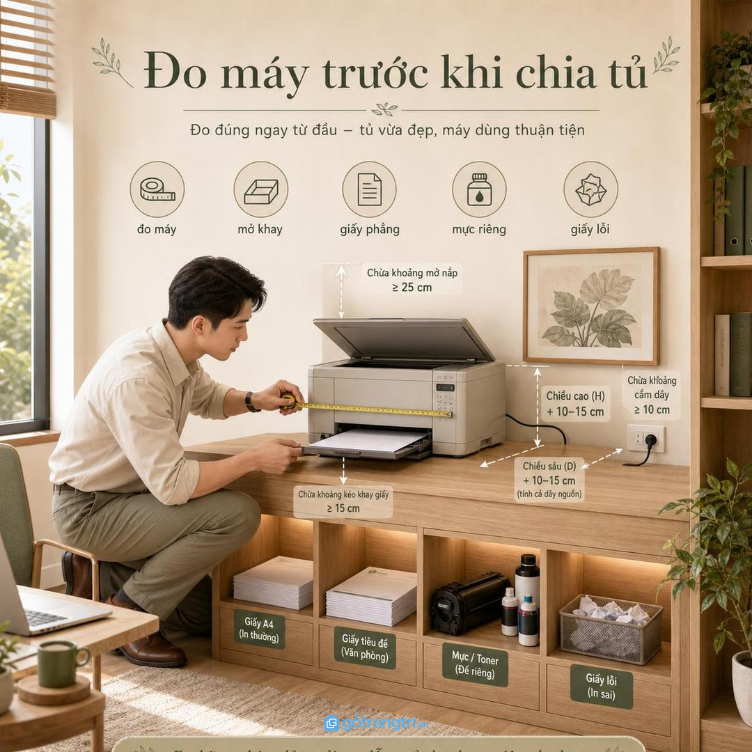 Kích thước tủ phải theo máy in thật và khay giấy mở ra