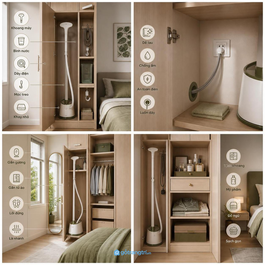 Chia khoang theo máy bình nước dây điện móc treo và khay nhỏ