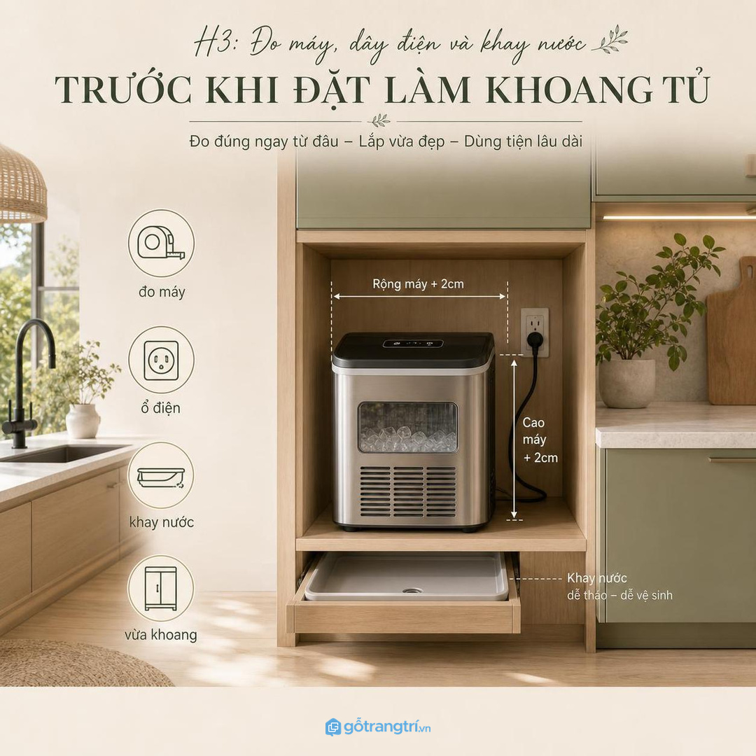 Đo máy, ổ điện, khay nước và khoảng mở trước khi đặt làm