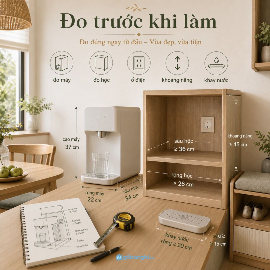 Đo máy hộc tủ ổ điện khoảng nâng và khay nước trước khi đặt làm