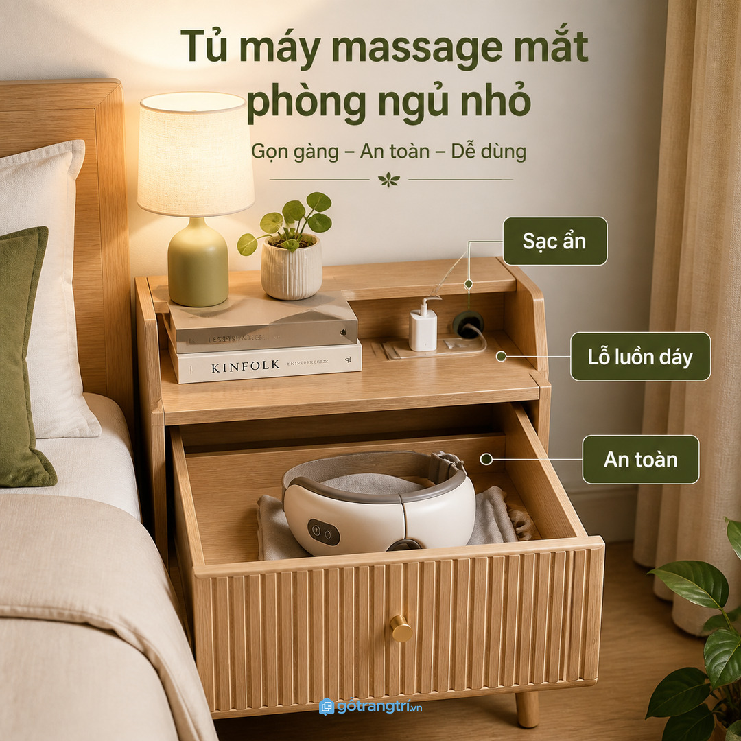 Chia khoang theo máy massage mắt túi đựng khăn lau mềm dây sạc và hộp phụ kiện