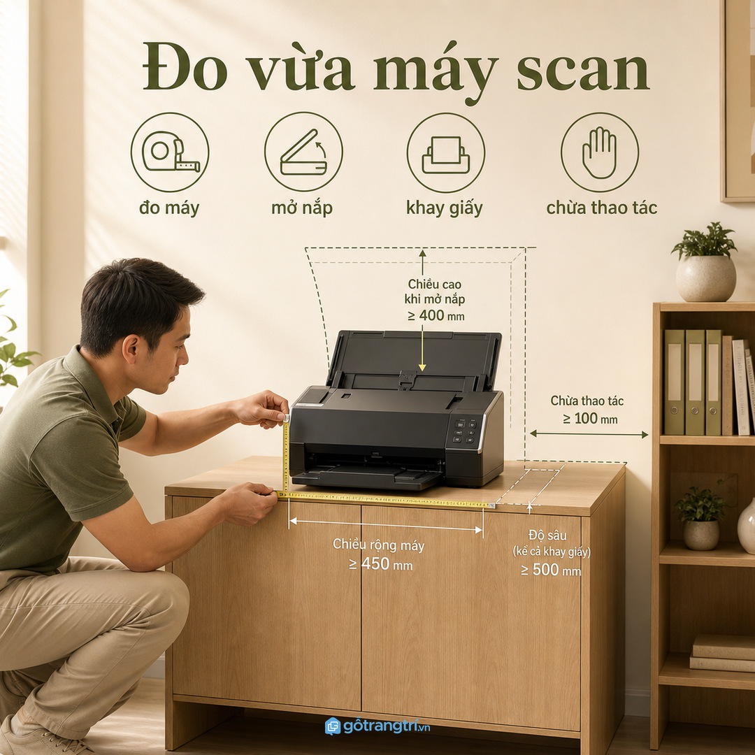Kích thước tủ cần bám máy thật và hướng hồ sơ chạy qua máy