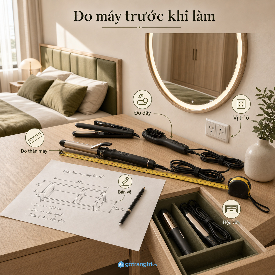 Đo máy uốn máy duỗi và vị trí ổ điện trước khi đặt làm