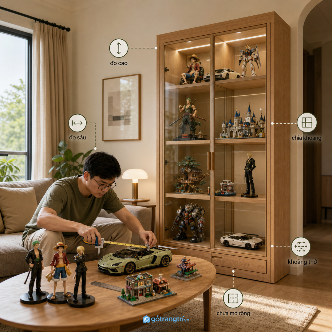 Đo bộ sưu tầm thật trước khi chia khoang tủ mô hình