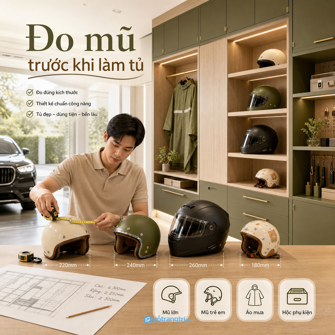 Đo mũ áo mưa găng tay và đồ đi đường trước khi chốt kích thước tủ