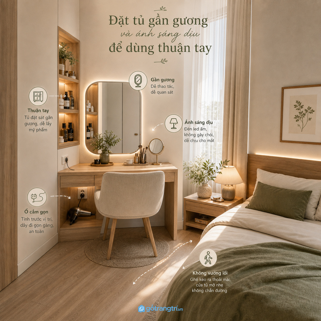 Đặt tủ mỹ phẩm gần gương và ánh sáng dịu